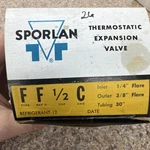 Sporlan FF1/2C Thermostatic Expansion Valve Brass R-12 1/4" Inlet 3/8" Outlet. Fixed Price $50.00.